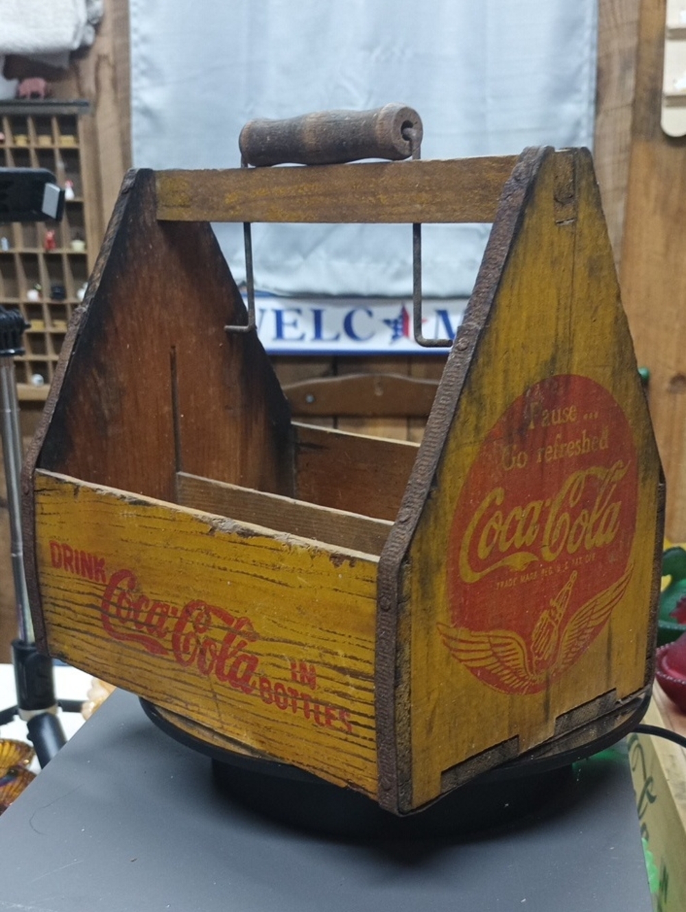 1940's Coca Cola Yellow Rustic Wooden Six Pack Bottle Carrier